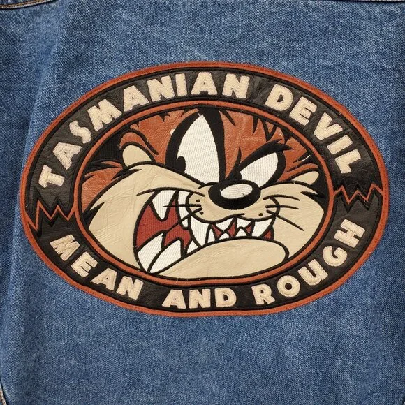 Vintage Looney Tunes Tasmanian Devil Mean and Rough Patch Jean Jacket Large - Picture 3 of 16